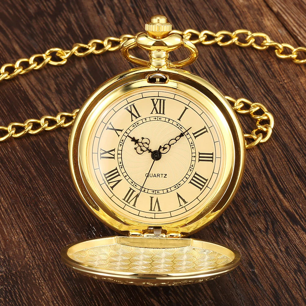 Golden Carved Shield Pattern Large Pocket Watch Roman Quartz Watch
