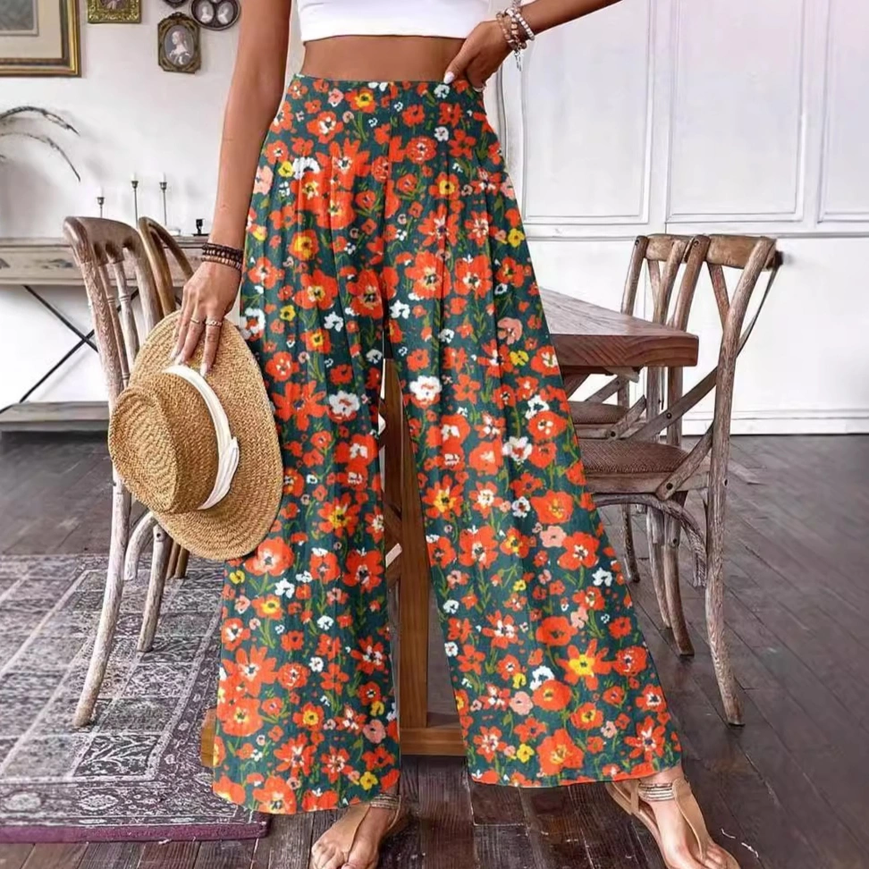 3D Floral Print Pattern Elegant High-waisted Wide-leg Women's Pants