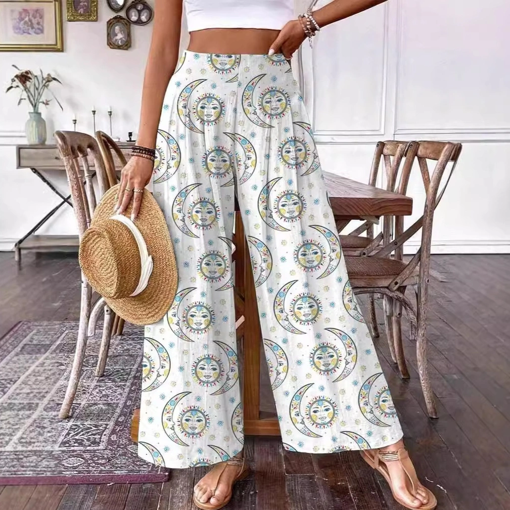 3D Floral Print Pattern Elegant High-waisted Wide-leg Women's Pants