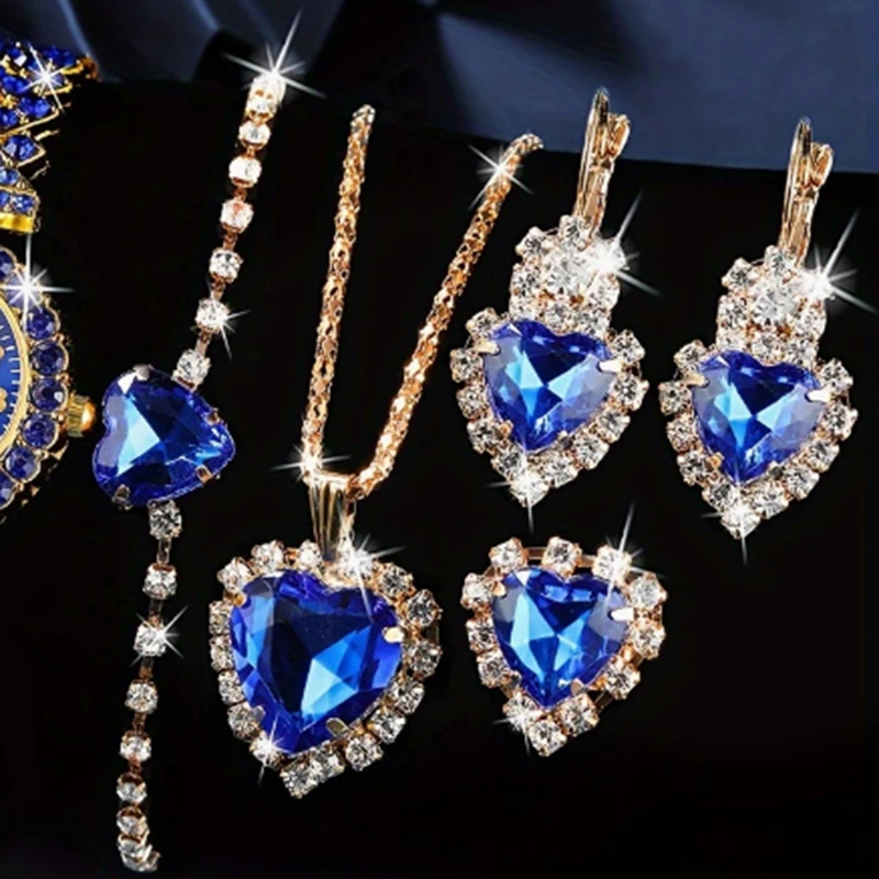 Rhinestone Light Blue Necklace Earrings And Ring Four-piece Set