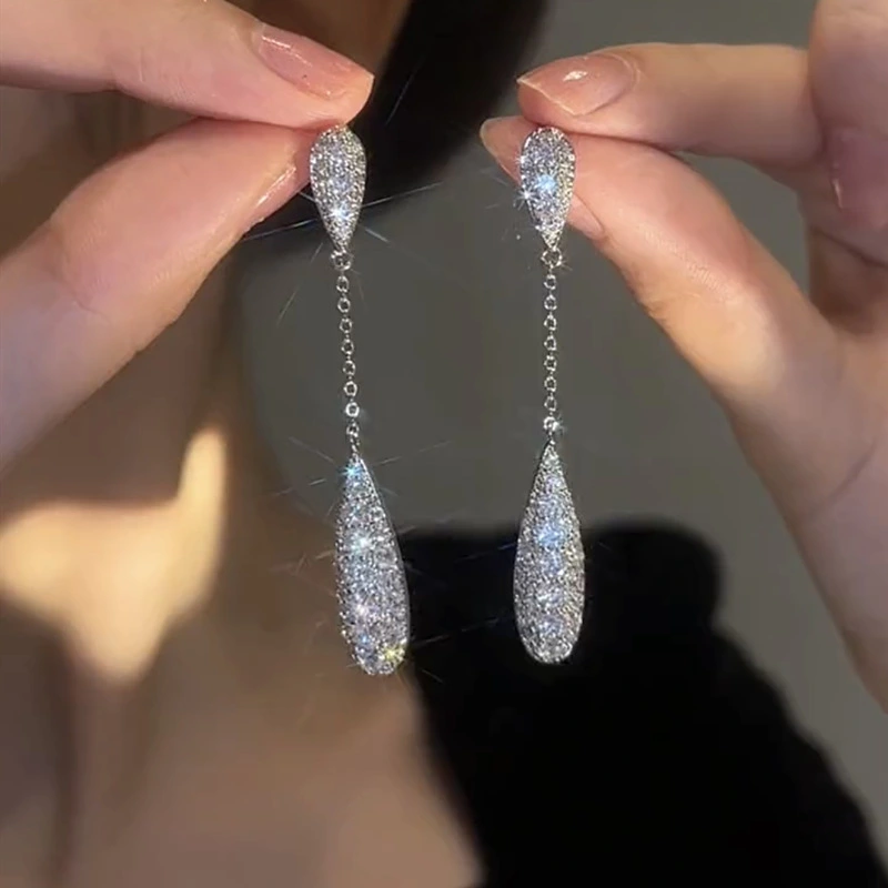 Sterling Silver Needle Super Flash Zircon Rhinestone Water Drop Tassel Earrings For Women