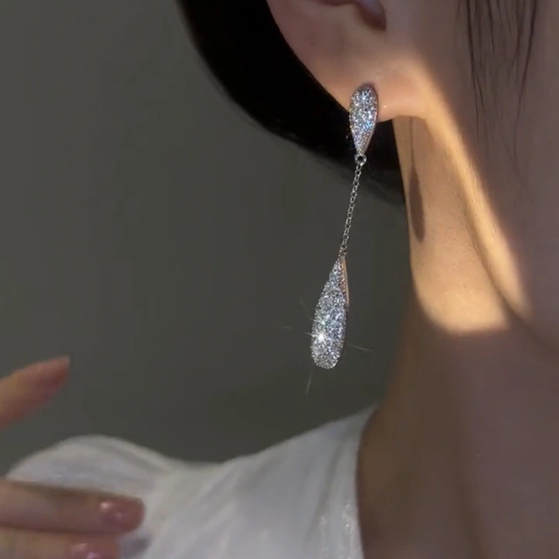 Sterling Silver Needle Super Flash Zircon Rhinestone Water Drop Tassel Earrings For Women
