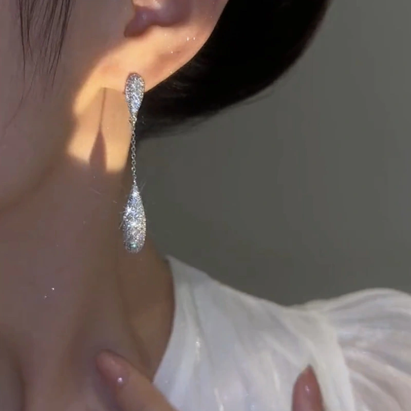 Sterling Silver Needle Super Flash Zircon Rhinestone Water Drop Tassel Earrings For Women