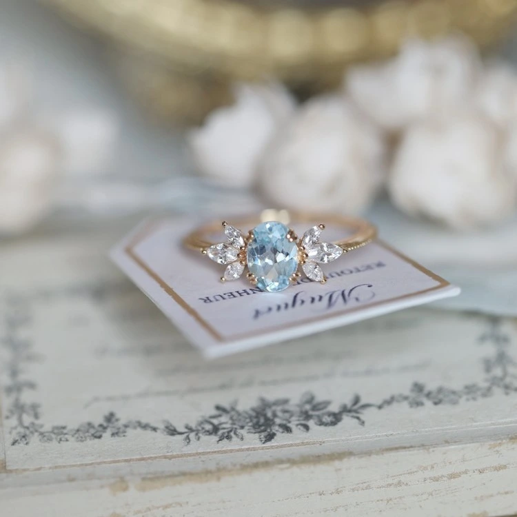 Sky Blue Topaz Feather Wing Zircon Light Luxury All-Match Ring