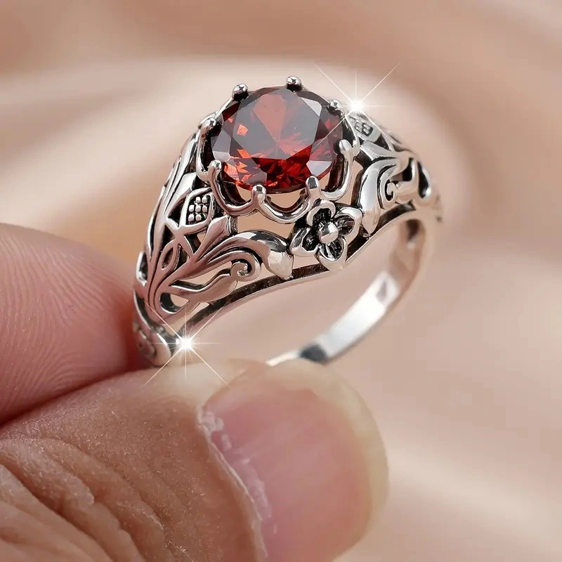 Distressed Antique Silver Round Edge Carved Pattern Ring Vintage Ring