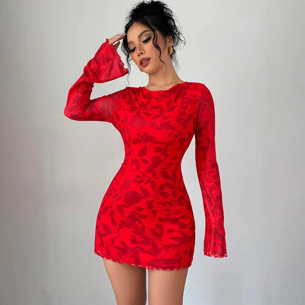 Casual, Versatile Waist-cinching Dress With A Red Floral Print