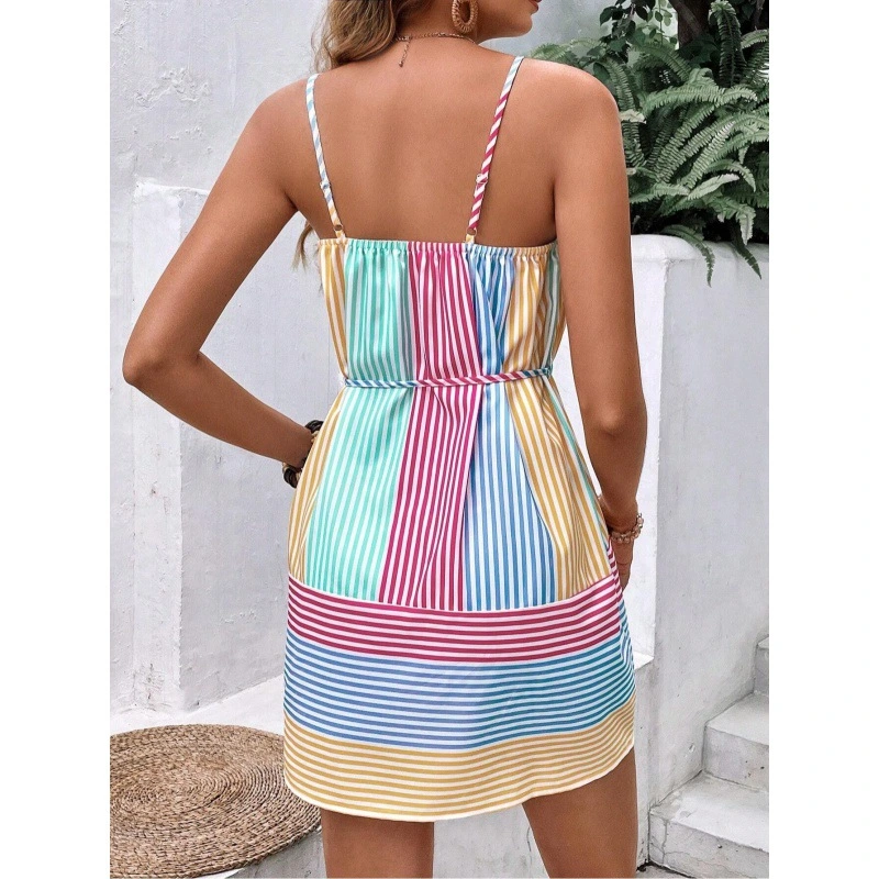 V-neck Strap Striped Printed Short Vacation-style Dress
