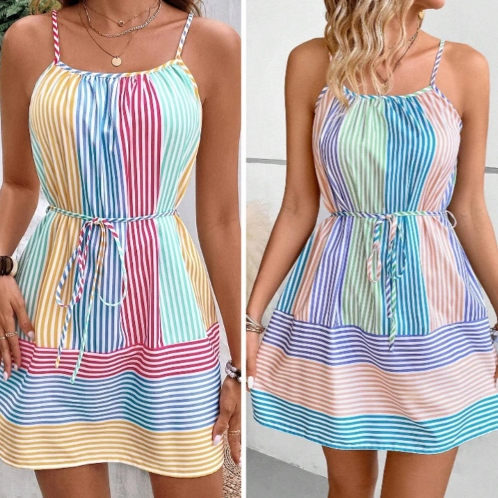V-neck Strap Striped Printed Short Vacation-style Dress