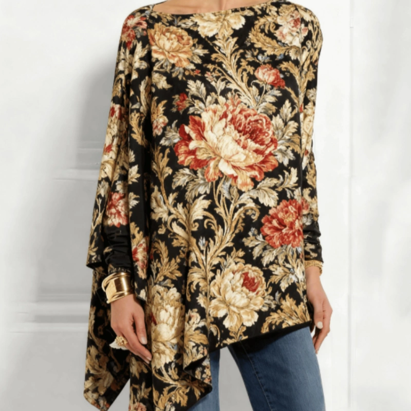 Elegant Vintage Floral Print Asymmetric Top