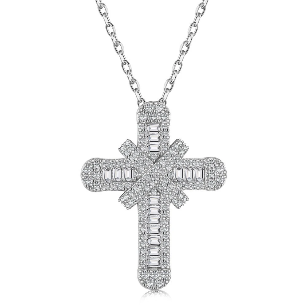 A Niche Design Copper Inlaid Diamond Cross Pendant Necklace