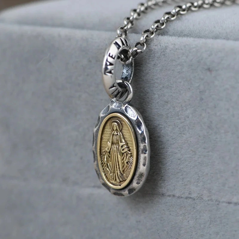 Retro Titanium Steel Chain Virgin Mary Jewelry Relief Portrait Oval Pendant Necklace