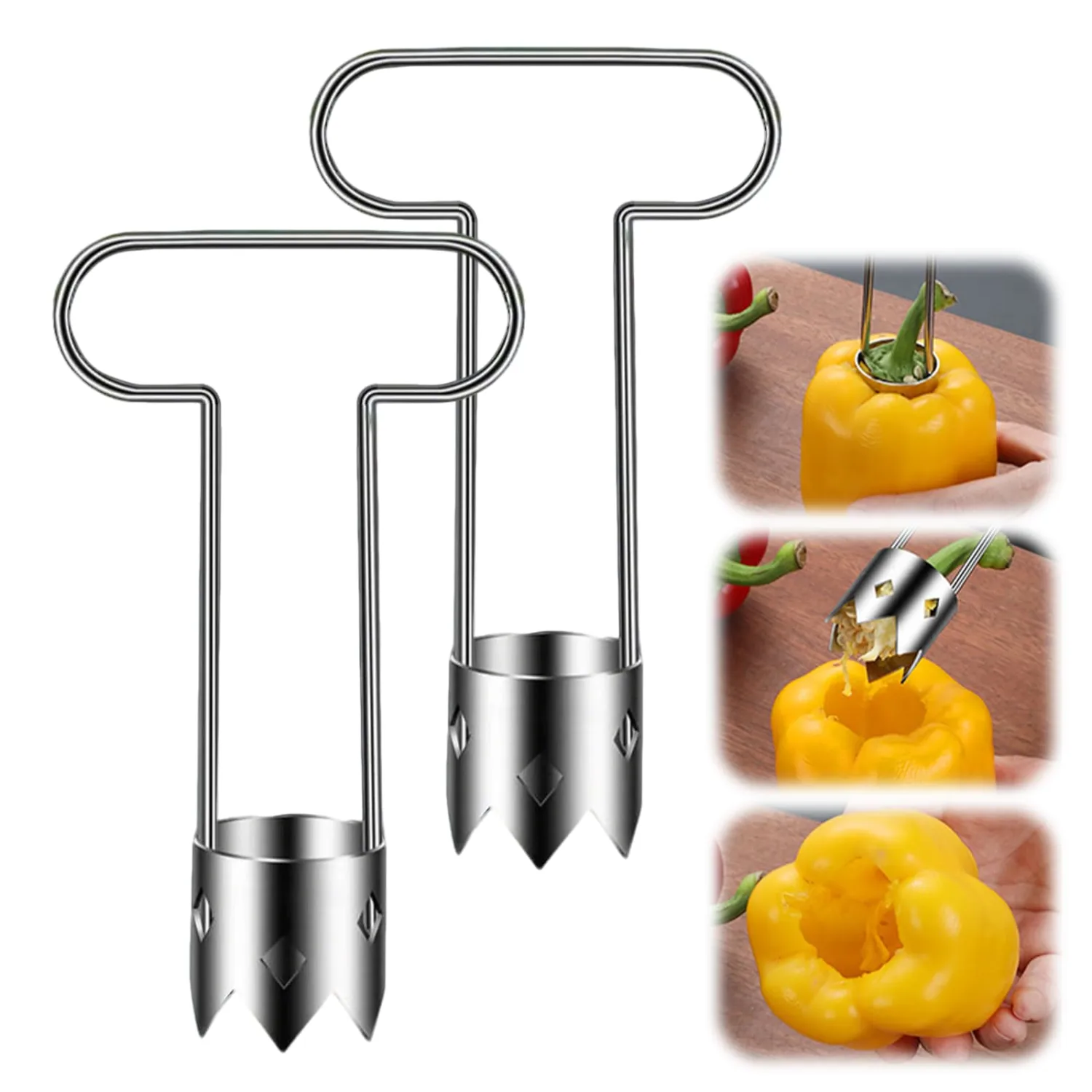 Red Bell Pepper Seed Corer Remover, 2025 New Apple Corer Tool,Stainless Steel Bell Pepper Deseeder and Cutter For Vegetables Fruit Kitchen Gadgets (2PCS, B)