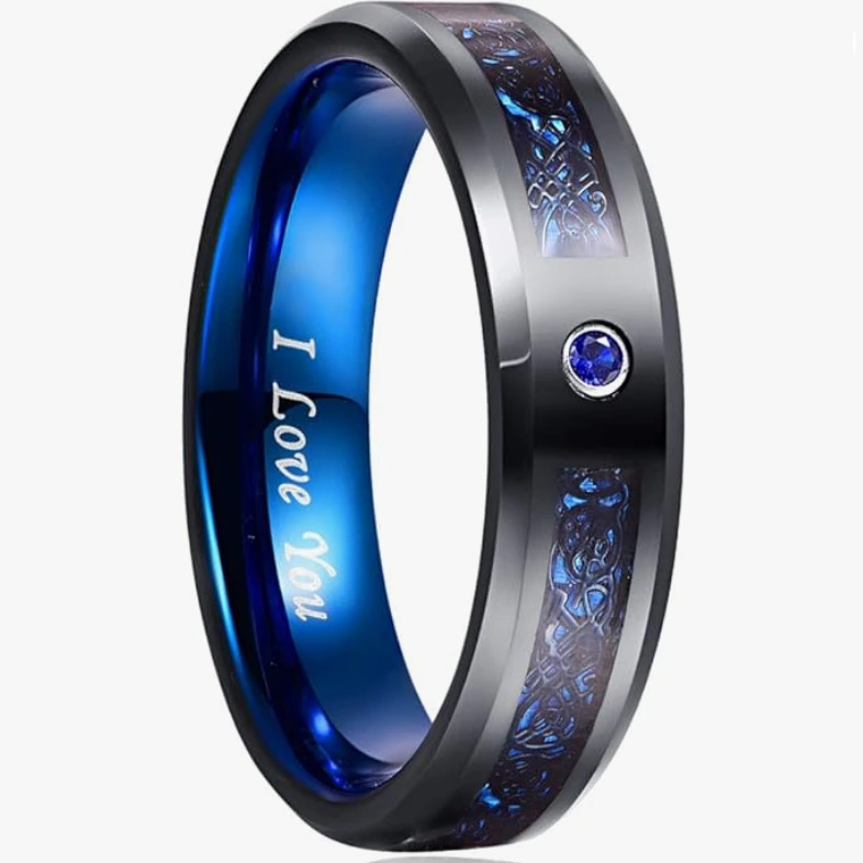 Mens Fashion Epoxy-Inlaid Zircon Tungsten Steel Blue And Black Ring