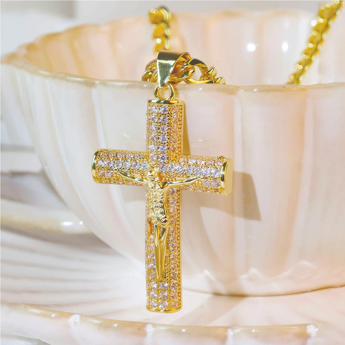 Large Diamond-Encrusted Cross Gold-Plated Zircon Necklace