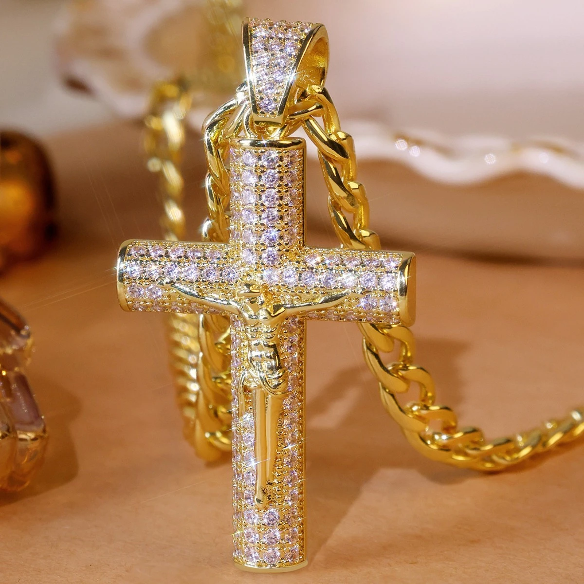 Large Diamond-Encrusted Cross Gold-Plated Zircon Necklace