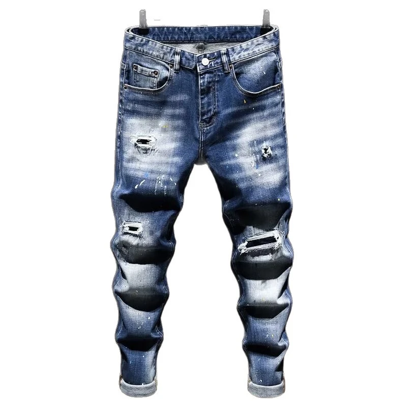 New Autumn Mens Ripped Versatile Slim-Fit Stretch Jeans