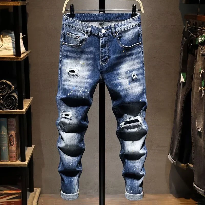 New Autumn Mens Ripped Versatile Slim-Fit Stretch Jeans