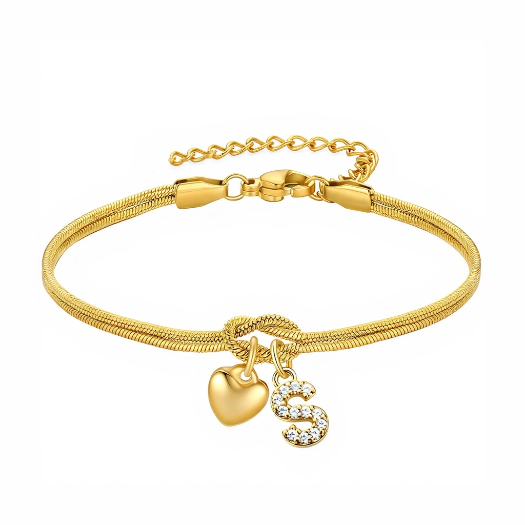 Diamond-Encrusted 26-Letter Heart Pendant Bracelet