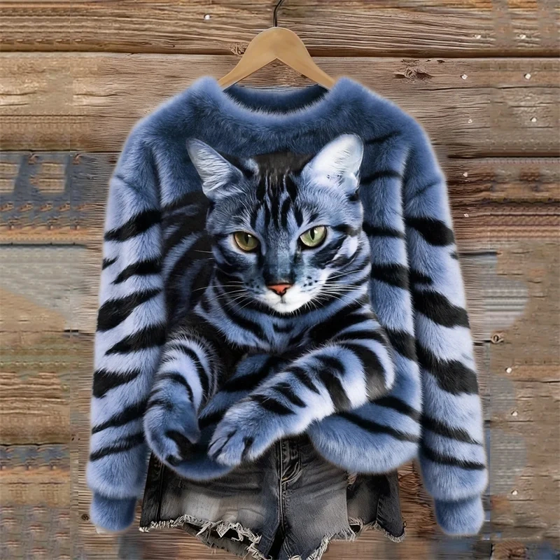 Womens AutumnWinter Christmas Cat Crew-Neck Sweatshirt