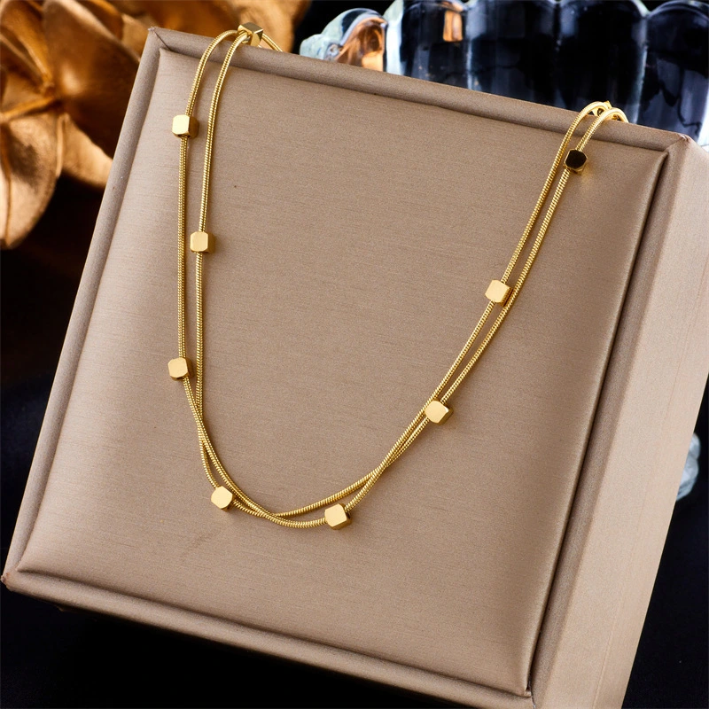Women's Retro Metal Titanium Steel Double-Layer Square Necklace