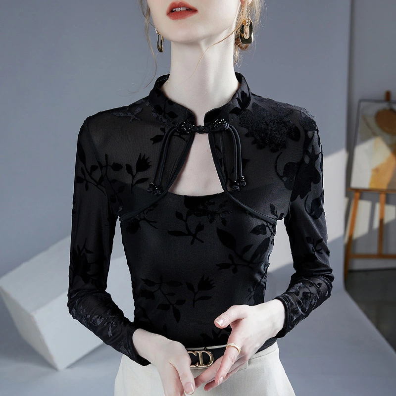 Women's New Chinese-style Qipao-collar Jacquard Slim-fit Base Layer Top