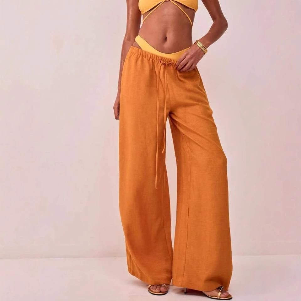 Womens Relaxed-fit Solid-color High-waist Wide-leg Casual Pants