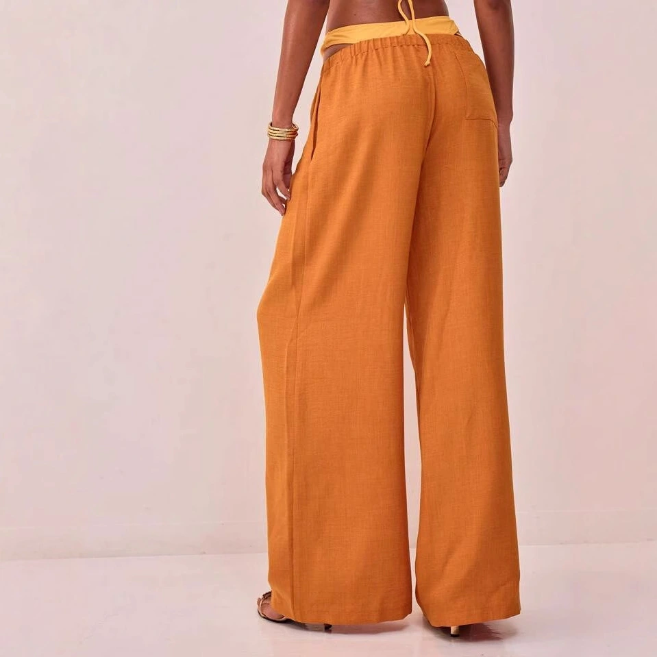 Womens Relaxed-fit Solid-color High-waist Wide-leg Casual Pants