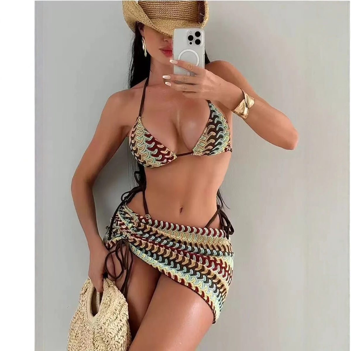 Striped Wave Drawstring Lace-Up Set