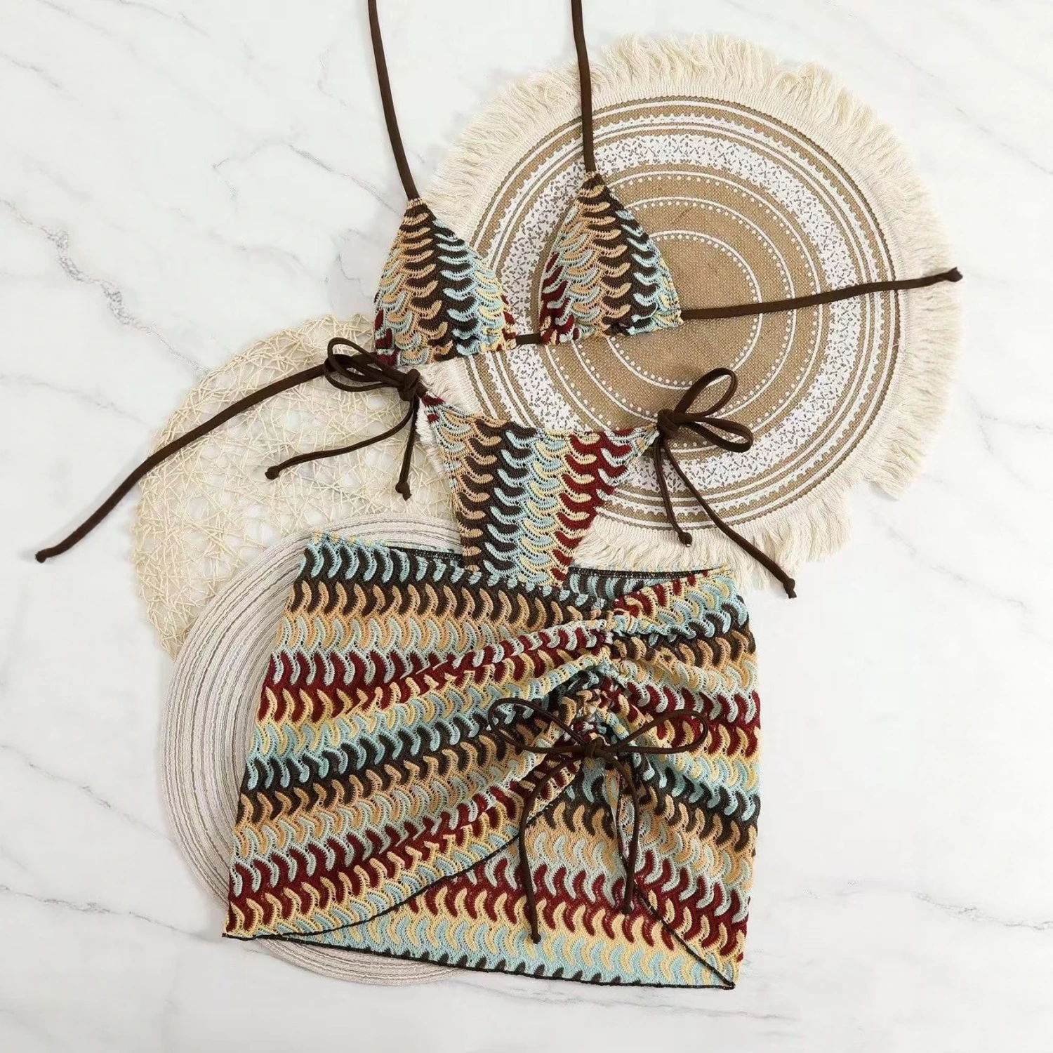 Striped Wave Drawstring Lace-Up Set