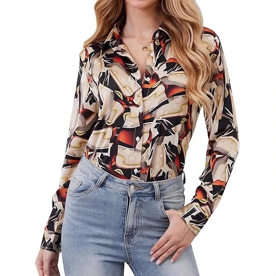 Womens Fashion Casual Printed Lapel Shirt