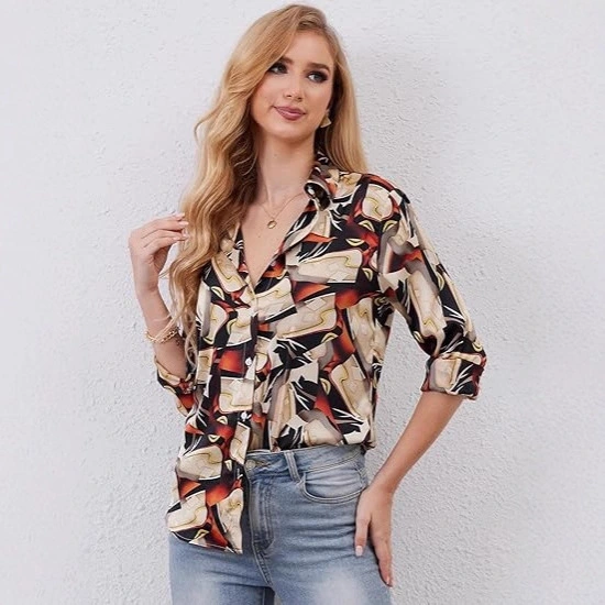 Womens Fashion Casual Printed Lapel Shirt