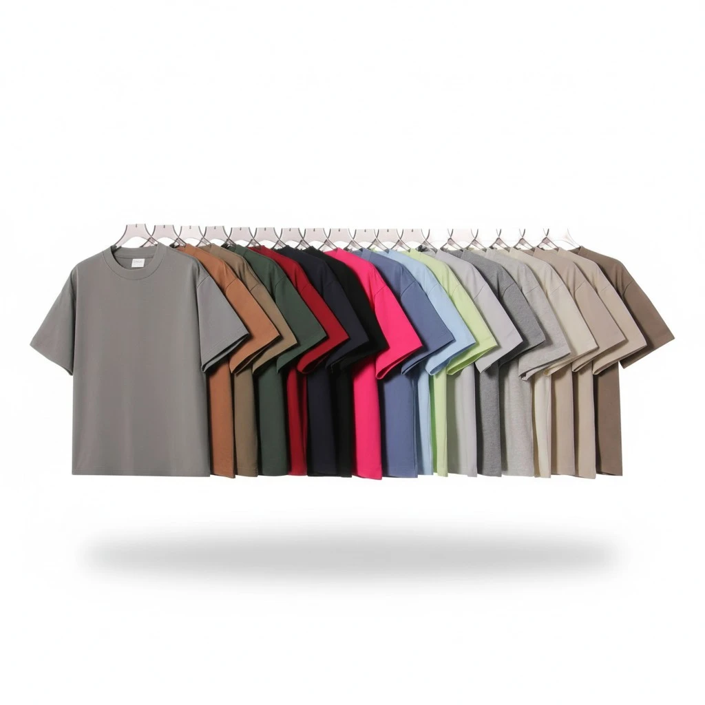 Mens Pure Cotton Solid-Color Drop Shoulder Crew Neck Shirt With Double Yarn