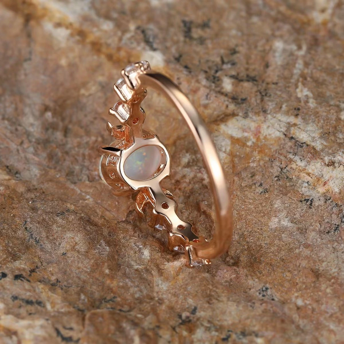 White Australian Opal Moon Ring Light Luxury Rose Gold Womens Finger Ring
