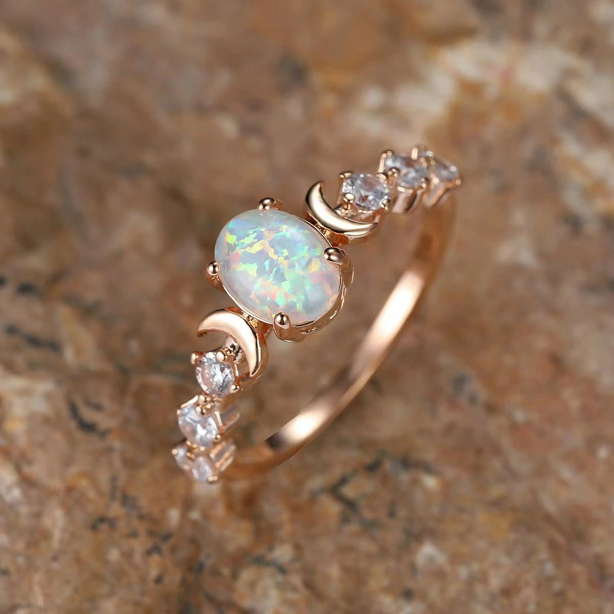 White Australian Opal Moon Ring Light Luxury Rose Gold Womens Finger Ring