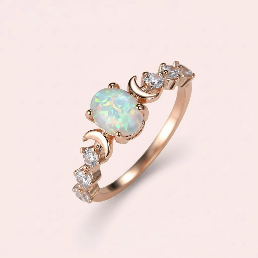 White Australian Opal Moon Ring Light Luxury Rose Gold Womens Finger Ring