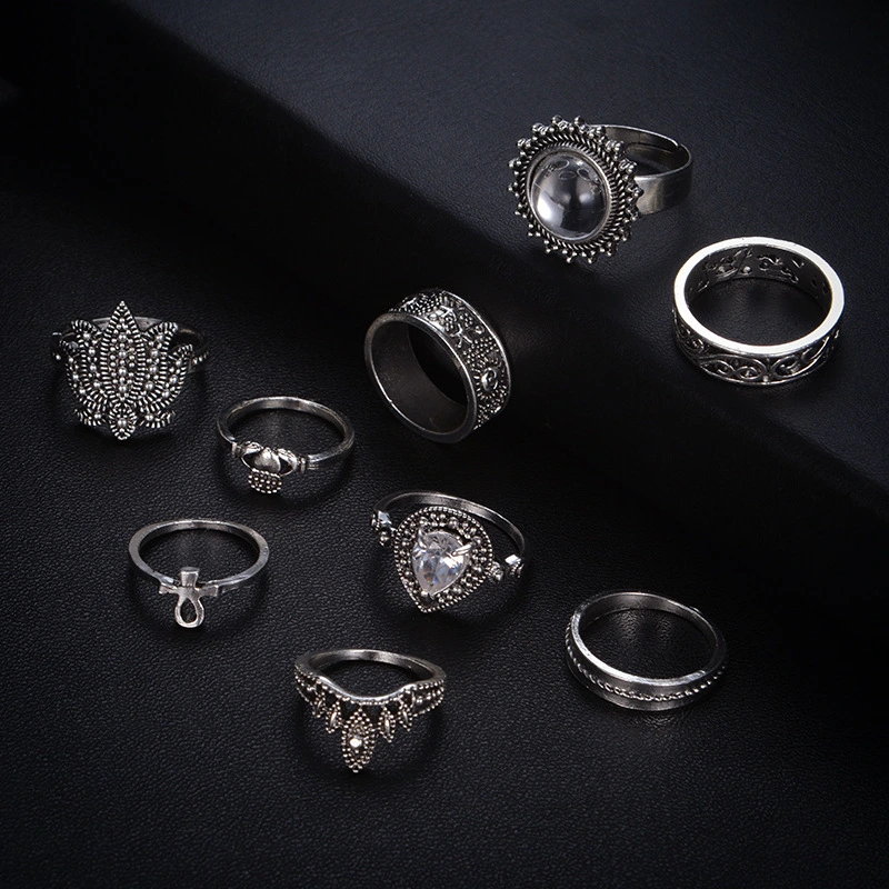 Retro Ethnic-Style Joint Ring Set Of 9 With Bold Gemstone Combinations