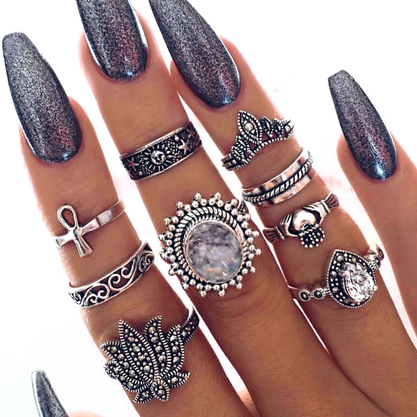 Retro Ethnic-Style Joint Ring Set Of 9 With Bold Gemstone Combinations