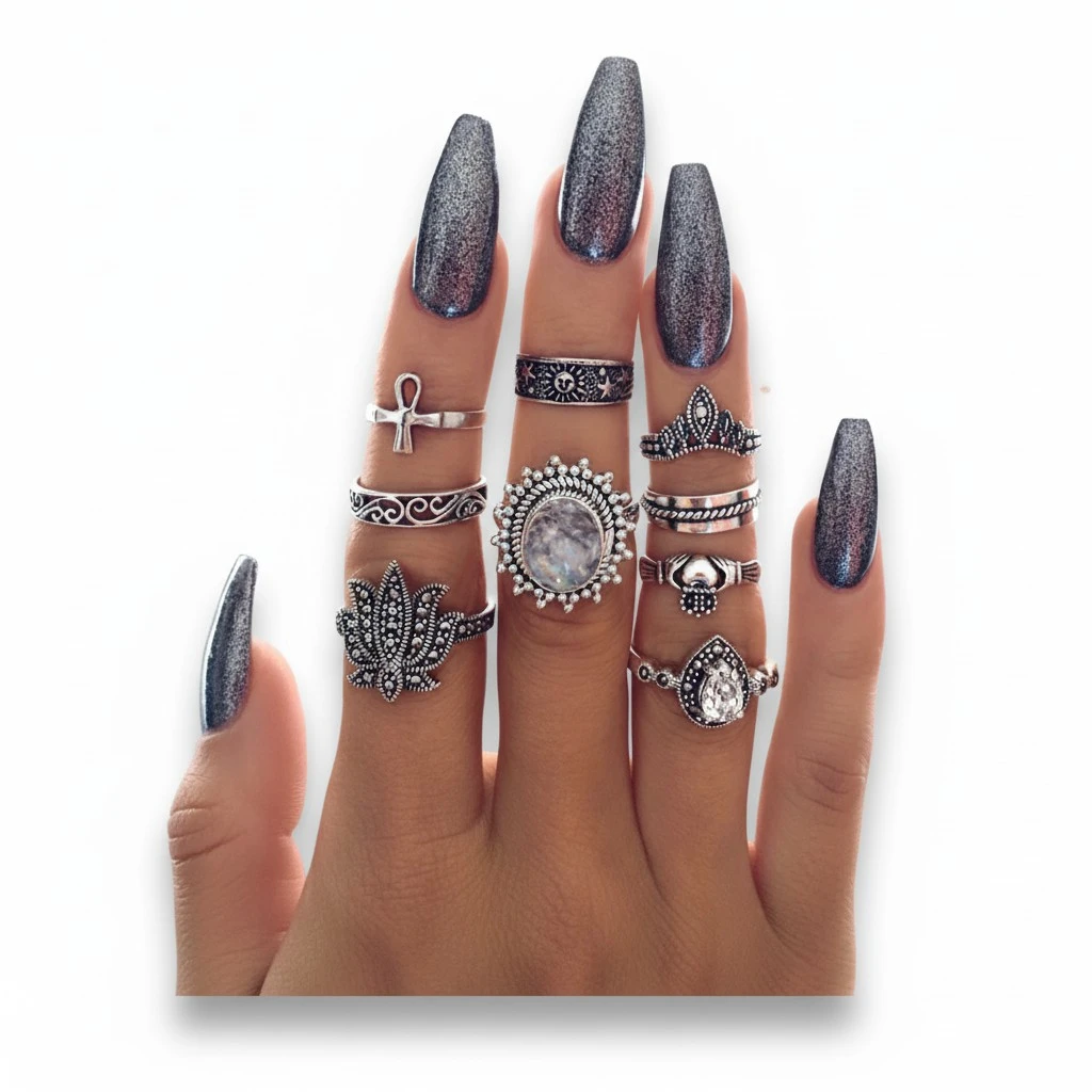 Retro Ethnic-Style Joint Ring Set Of 9 With Bold Gemstone Combinations