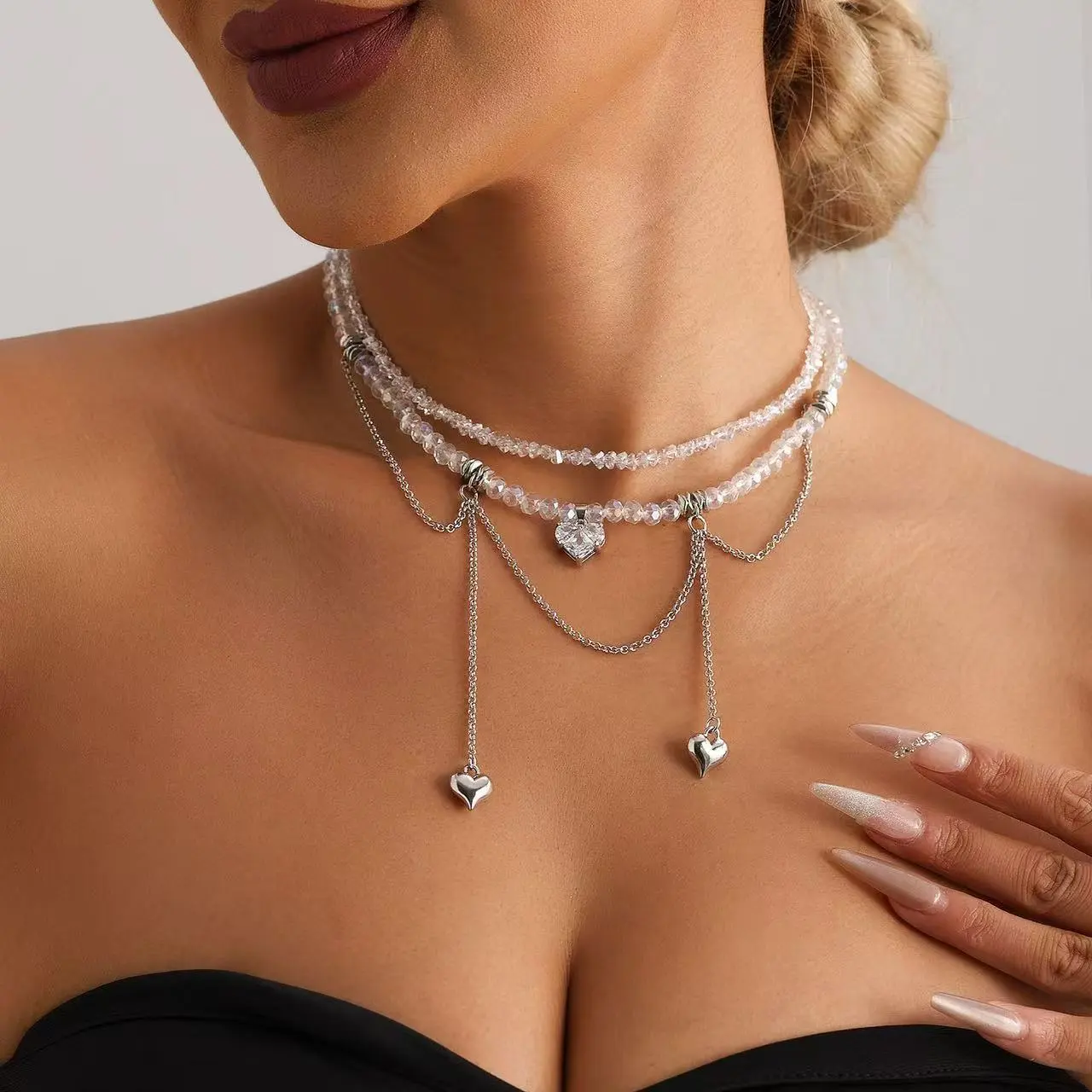 Crystal Zircon Heart Pendant Clavicle Necklace