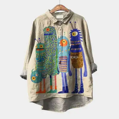 Womens Relaxed-fit Printed Lapel Casual Shirt