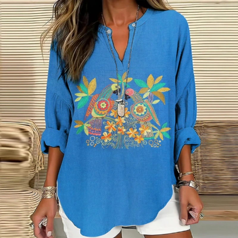 Women's Bright Blue Vintage Floral Bird Art Embroidery V-neck Shirt