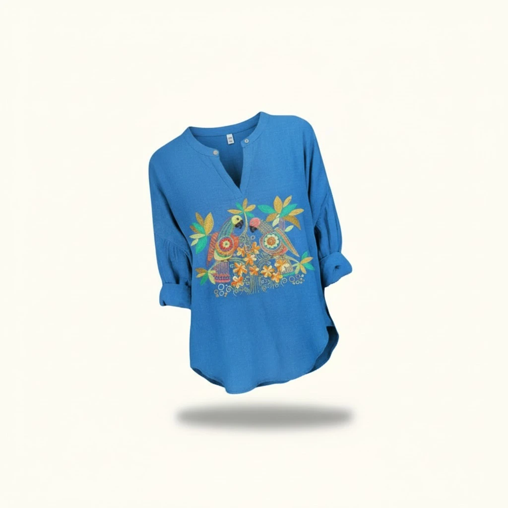 Women's Bright Blue Vintage Floral Bird Art Embroidery V-neck Shirt