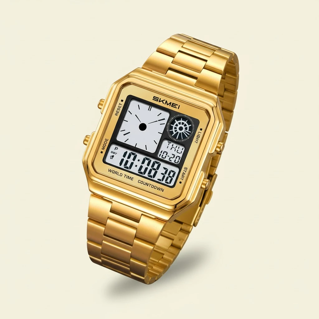 Square Steel-band Golden Waterproof Alarm Clock With A Luminous Digital Display