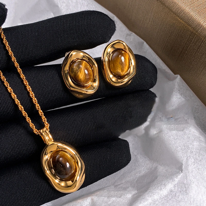 Genuine Gold-Plated Oval Tigers Eye Necklace And Earrings Set For Women
