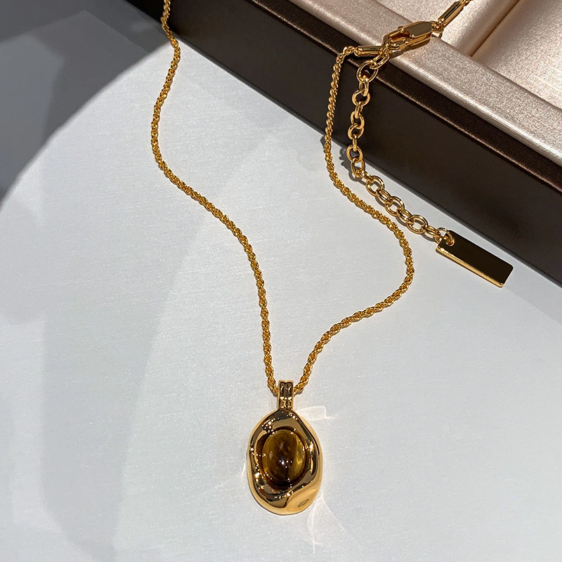 Genuine Gold-Plated Oval Tigers Eye Necklace And Earrings Set For Women