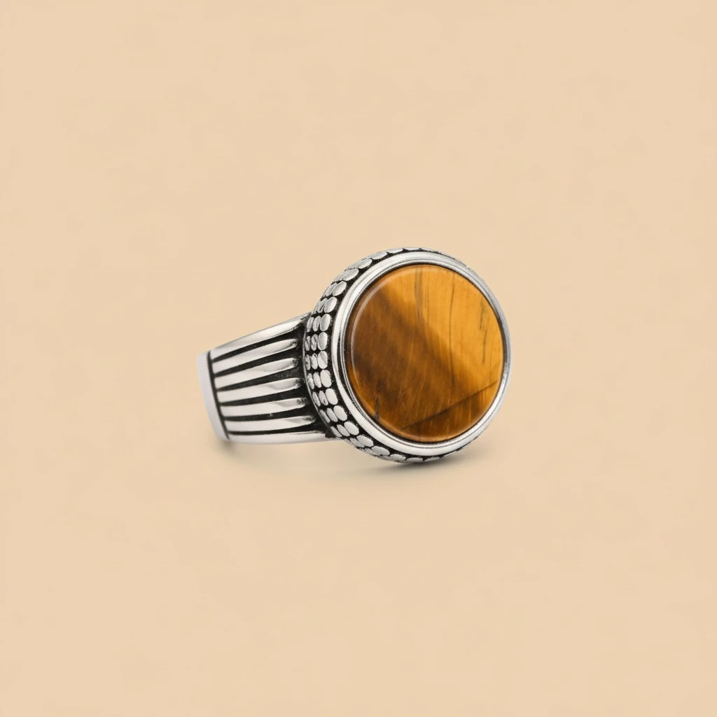 Stainless Steel Mens Tiger Eye Stone Cast Ring Vintage Style