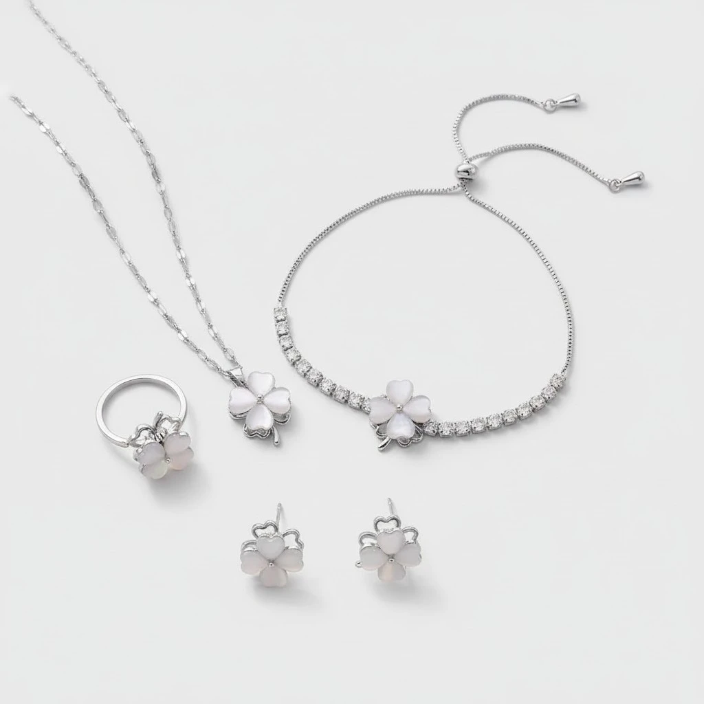 Four-Leaf Clover Cats-Eye Rotatable Jewelry Set