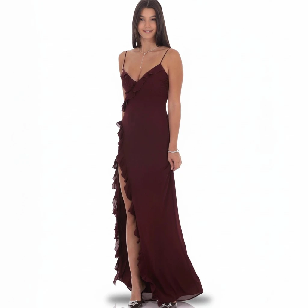 Womens Fashion V-Neck Ruffle-Trim Slit Backless Slip Dress