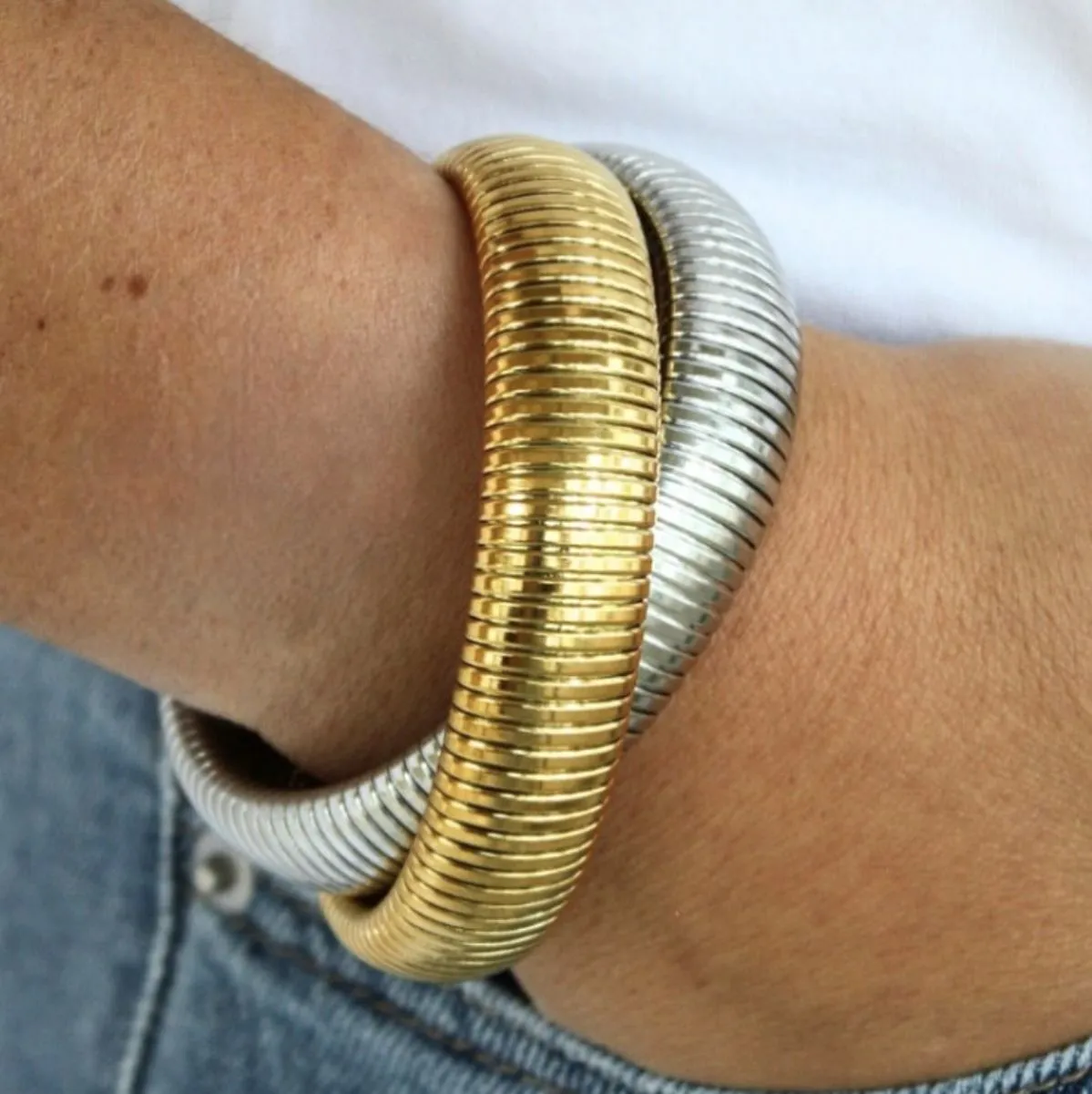 Womens Gold-Colored Stretch Stainless Steel Snake-Chain Wide Bracelet