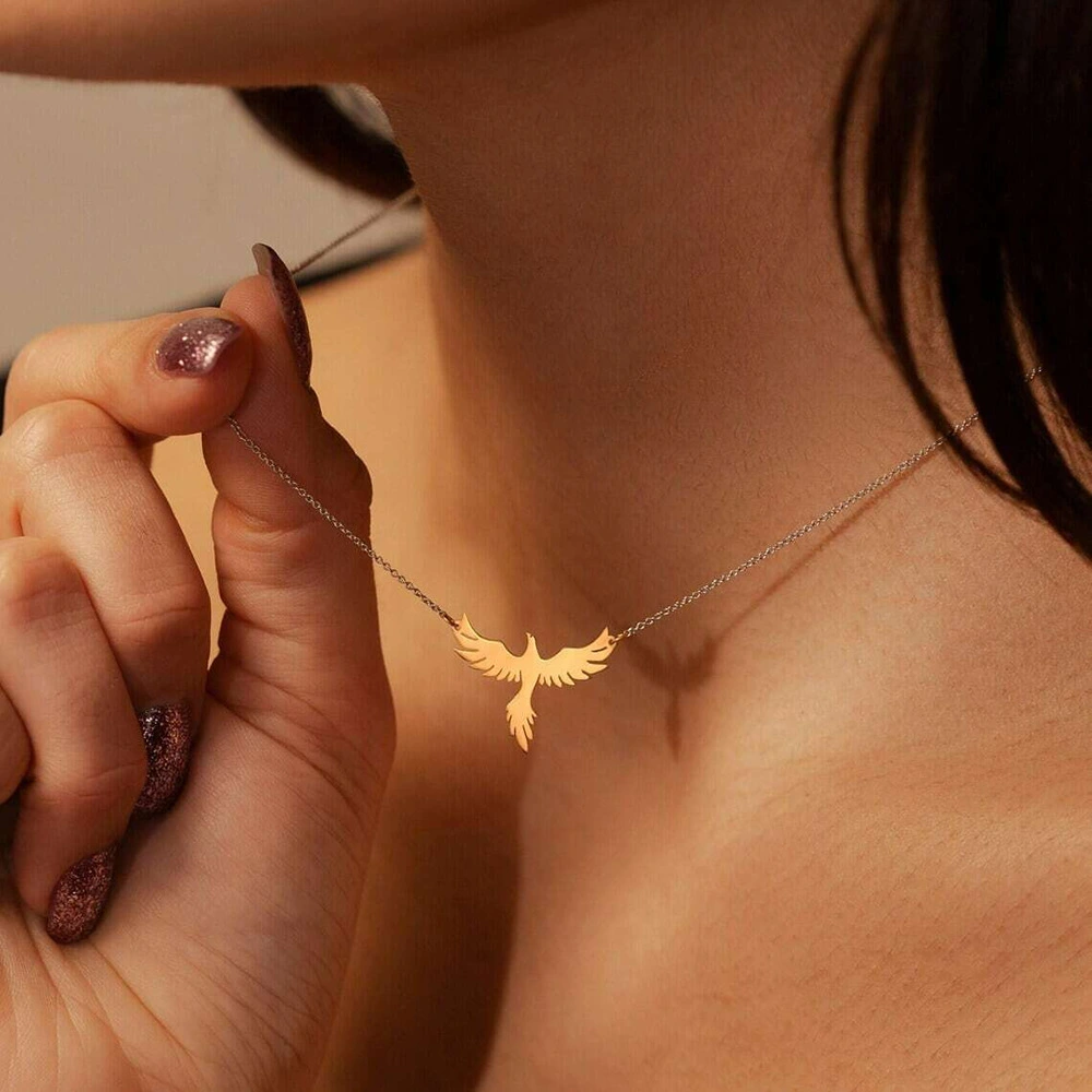Womens Stainless Steel Necklace With Phoenix Firebird Pendant, Clavicle Chain
